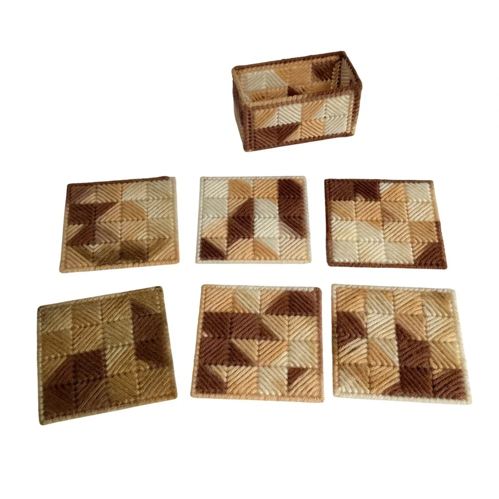 Vintage Handmade Plastic Canvas Coaster Set 7pc Brown Tan Geometric Boho Decor